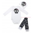 Halloween White Baby Jumpsuit Black Skeleton Print & Cap & White Ruffles Black White Skeleton Bones Leg Warmer Set TH619